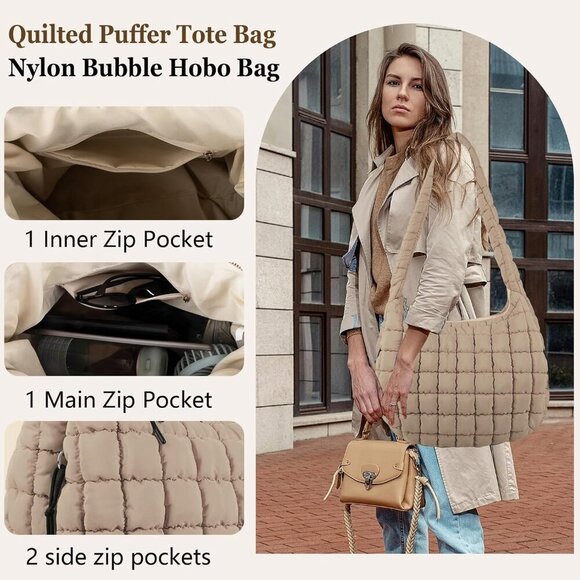 Iqimott Quilted Puffer Tote Bag Large Crossbody Shoulder Bag with Zipper - Picture 4 of 7